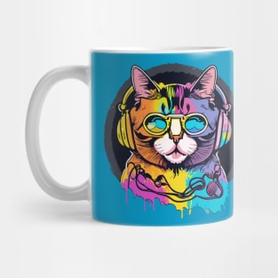 t-shirt design, colorful cat with headphones on, graffiti art psychedelic art, black background, synthwave, colorful Mug